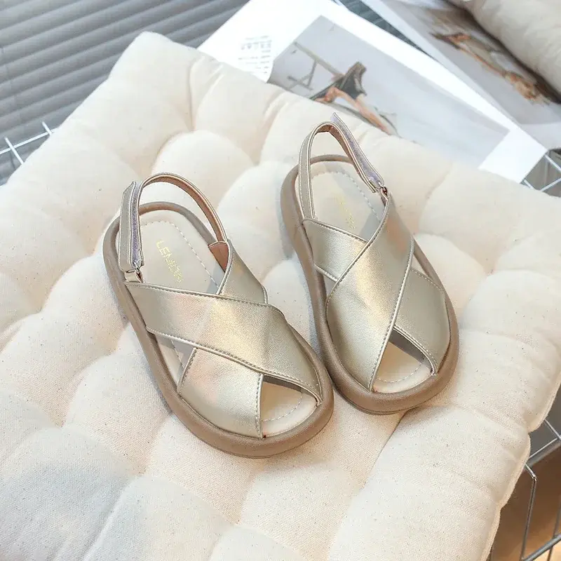 Girls Beach Shoes Solid Color Trendy 2025 Summer New Kids Sandals Hook&loop Adjustable Boys Fashion Flats Hollowed-out Chic