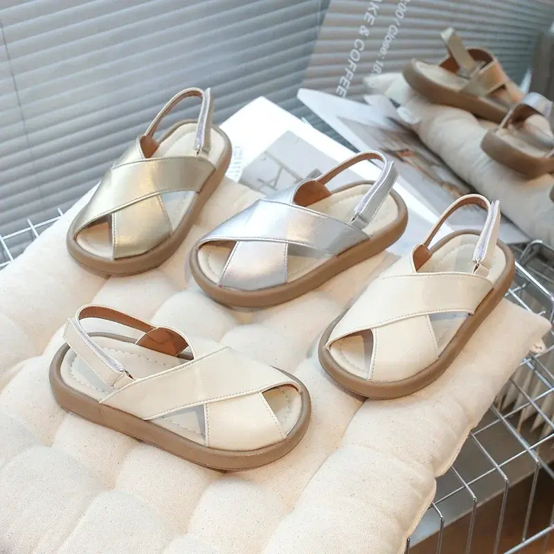 Girls Beach Shoes Solid Color Trendy 2025 Summer New Kids Sandals Hook&loop Adjustable Boys Fashion Flats Hollowed-out Chic