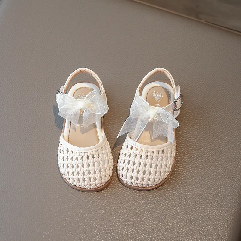 Chic Children's Sandals Summer New Elegant Girls Princess Shoes Woven Style Beach Causal Kids Flat Sandals Solid Color Versatile