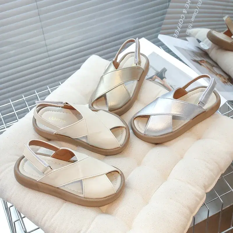 Girls Beach Shoes Solid Color Trendy 2025 Summer New Kids Sandals Hook&loop Adjustable Boys Fashion Flats Hollowed-out Chic