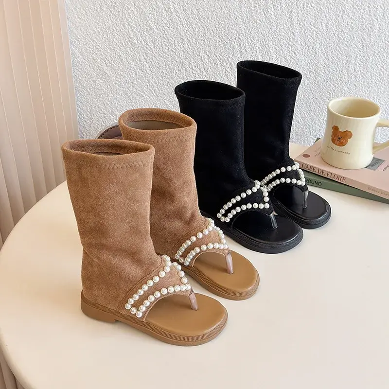 2025 Children High-top Sandals for Girls Summer New Fashion Korean Style Soft Sole Non-slip Versatile Pearl Roman Princess Shoes