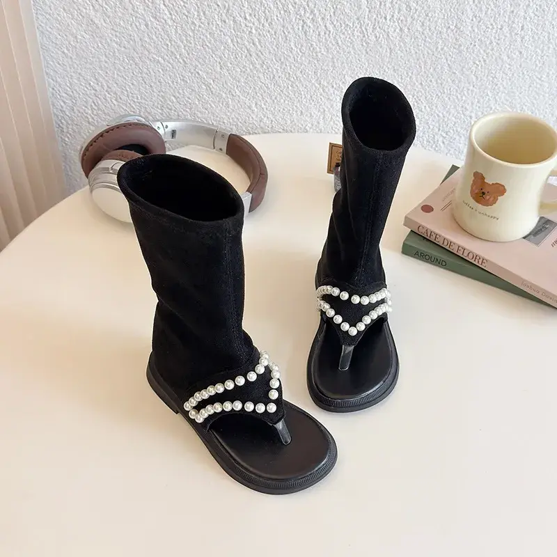2025 Children High-top Sandals for Girls Summer New Fashion Korean Style Soft Sole Non-slip Versatile Pearl Roman Princess Shoes