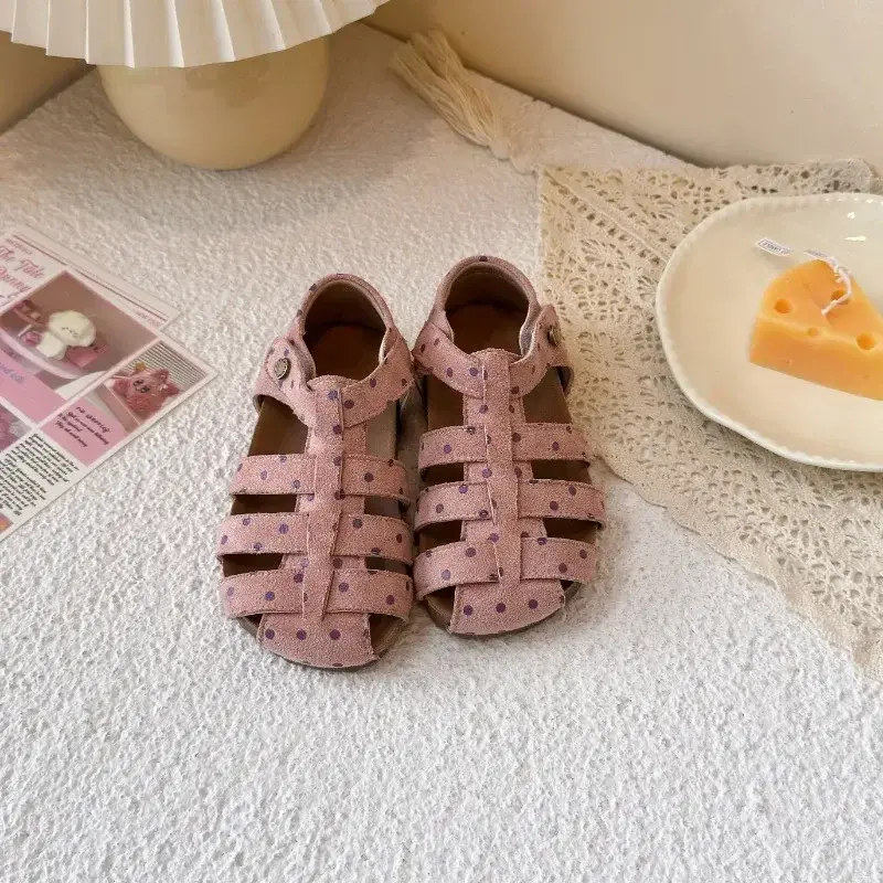 Girls Flat Shoes Polka Dots Sweet Children Sandals Hook&loop 2025 Summer New Princess Shoes Hollowed-out Korean Style Ins Trendy