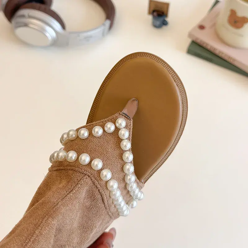2025 Children High-top Sandals for Girls Summer New Fashion Korean Style Soft Sole Non-slip Versatile Pearl Roman Princess Shoes