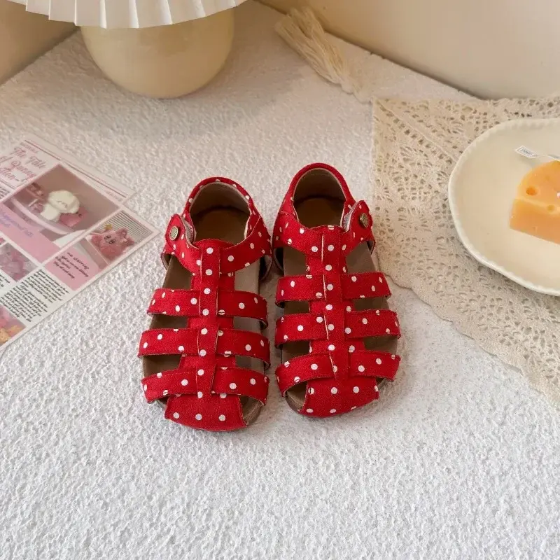 Girls Flat Shoes Polka Dots Sweet Children Sandals Hook&loop 2025 Summer New Princess Shoes Hollowed-out Korean Style Ins Trendy