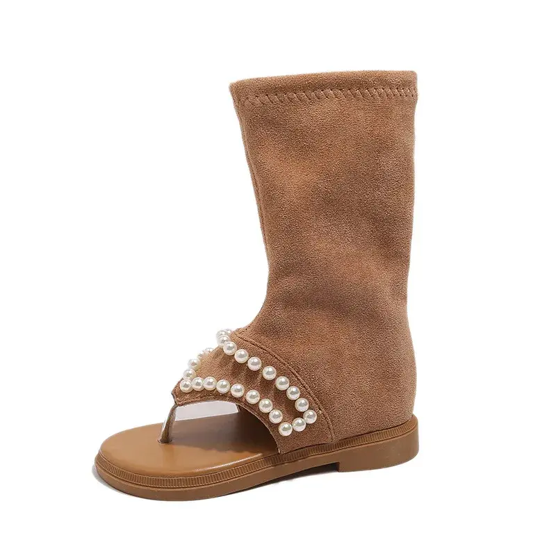 2025 Children High-top Sandals for Girls Summer New Fashion Korean Style Soft Sole Non-slip Versatile Pearl Roman Princess Shoes