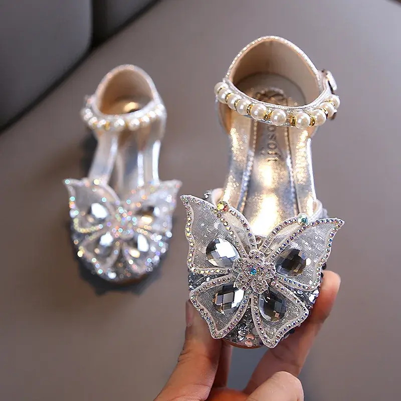 Kids Sandals for Girls Spring Summer Children Rhinestone Butterfly Dress Flat Sandals Fashion Causal Princess Pearl Single Shoes