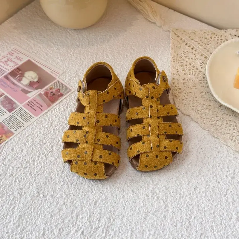 Girls Flat Shoes Polka Dots Sweet Children Sandals Hook&loop 2025 Summer New Princess Shoes Hollowed-out Korean Style Ins Trendy