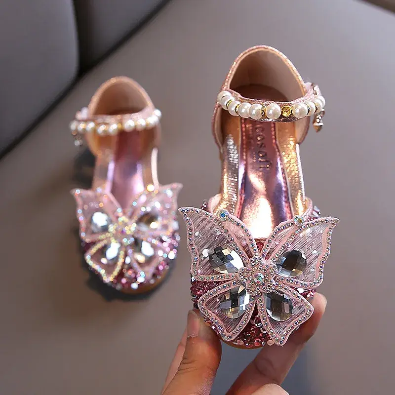Kids Sandals for Girls Spring Summer Children Rhinestone Butterfly Dress Flat Sandals Fashion Causal Princess Pearl Single Shoes