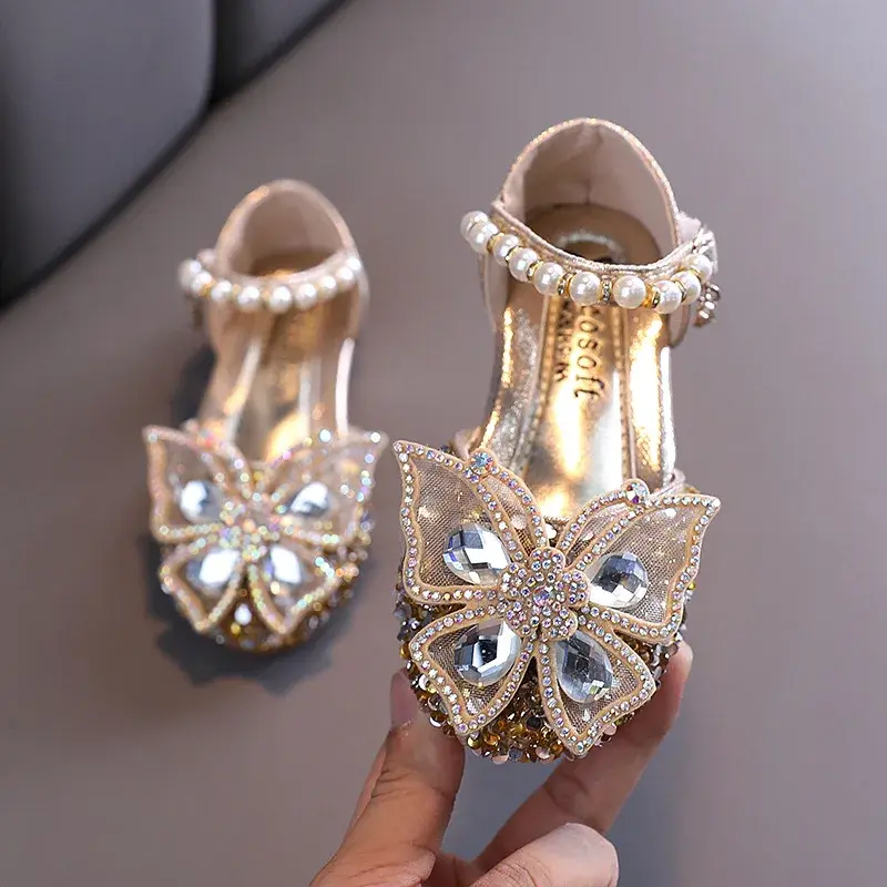 Kids Sandals for Girls Spring Summer Children Rhinestone Butterfly Dress Flat Sandals Fashion Causal Princess Pearl Single Shoes