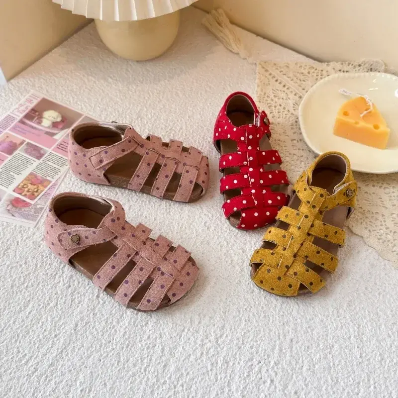 Girls Flat Shoes Polka Dots Sweet Children Sandals Hook&loop 2025 Summer New Princess Shoes Hollowed-out Korean Style Ins Trendy