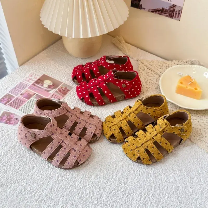 Girls Flat Shoes Polka Dots Sweet Children Sandals Hook&loop 2025 Summer New Princess Shoes Hollowed-out Korean Style Ins Trendy