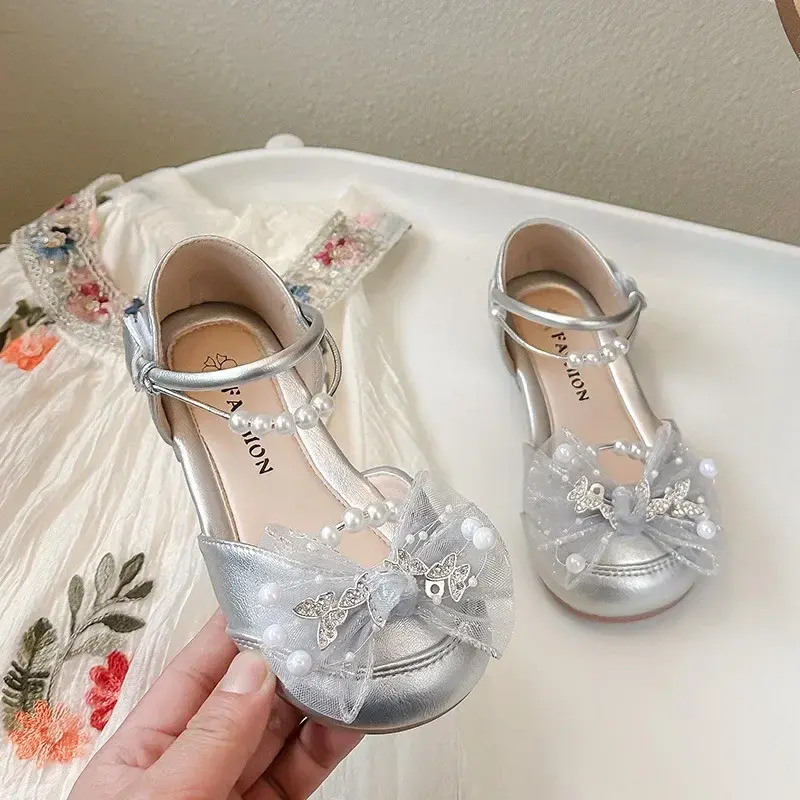 Girls Dance Shoes Mesh Lace Bows Sweet Butterfly 2025 Summer Kids Half Sandals Wedding Ins Trendy Girls Princess Shoes Pearls
