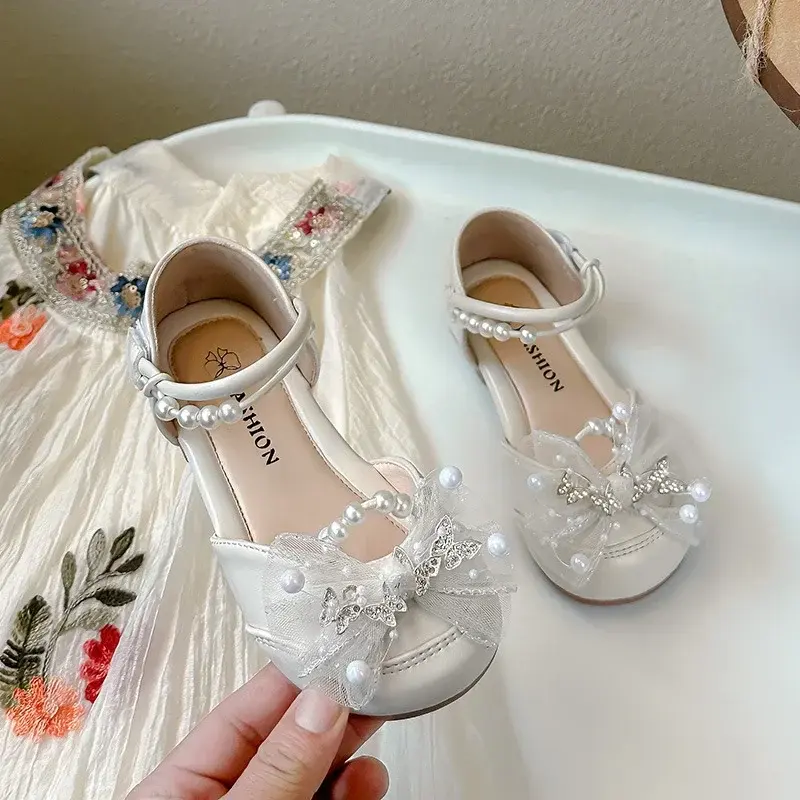 Girls Dance Shoes Mesh Lace Bows Sweet Butterfly 2025 Summer Kids Half Sandals Wedding Ins Trendy Girls Princess Shoes Pearls