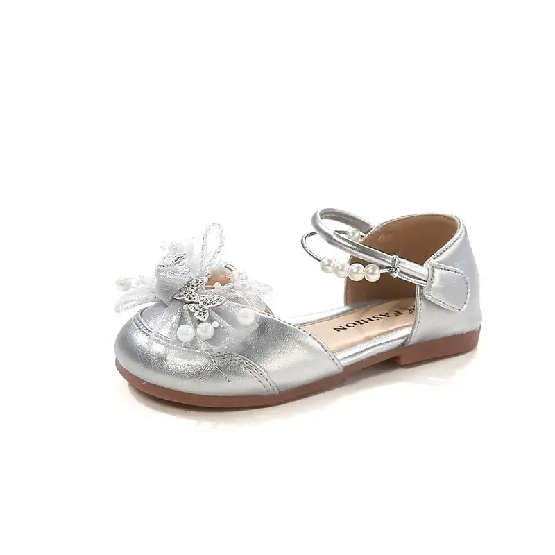 Girls Dance Shoes Mesh Lace Bows Sweet Butterfly 2025 Summer Kids Half Sandals Wedding Ins Trendy Girls Princess Shoes Pearls