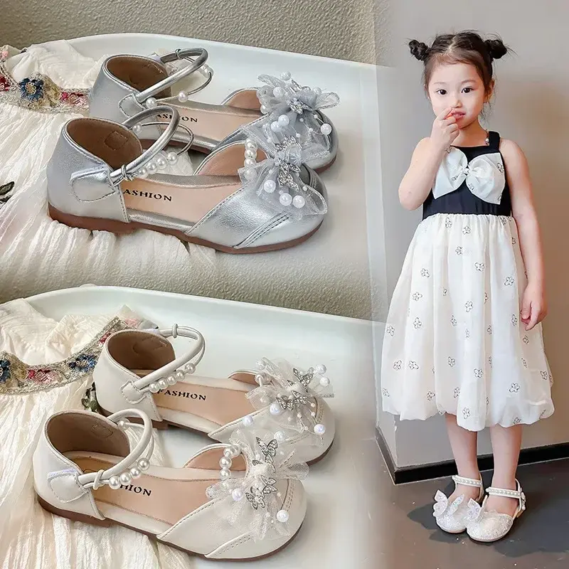 Girls Dance Shoes Mesh Lace Bows Sweet Butterfly 2025 Summer Kids Half Sandals Wedding Ins Trendy Girls Princess Shoes Pearls