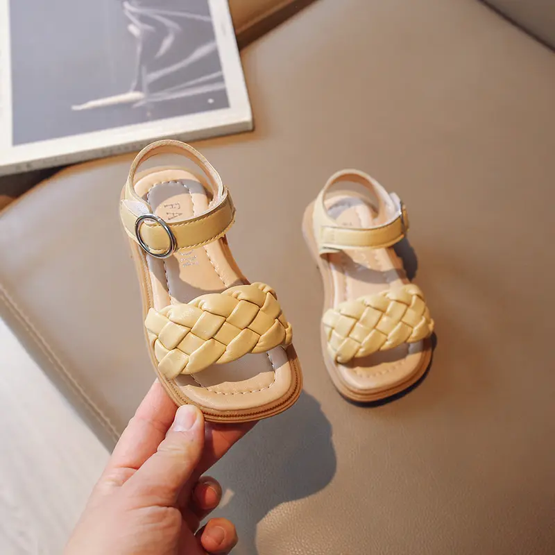 2024 Summer New Girls' Sandals Korean Design Fashion Woven Weave Children's Beach Shoes Soft Sole Open Toe Princess Shoes 21-36