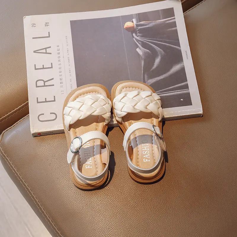2024 Summer New Girls' Sandals Korean Design Fashion Woven Weave Children's Beach Shoes Soft Sole Open Toe Princess Shoes 21-36