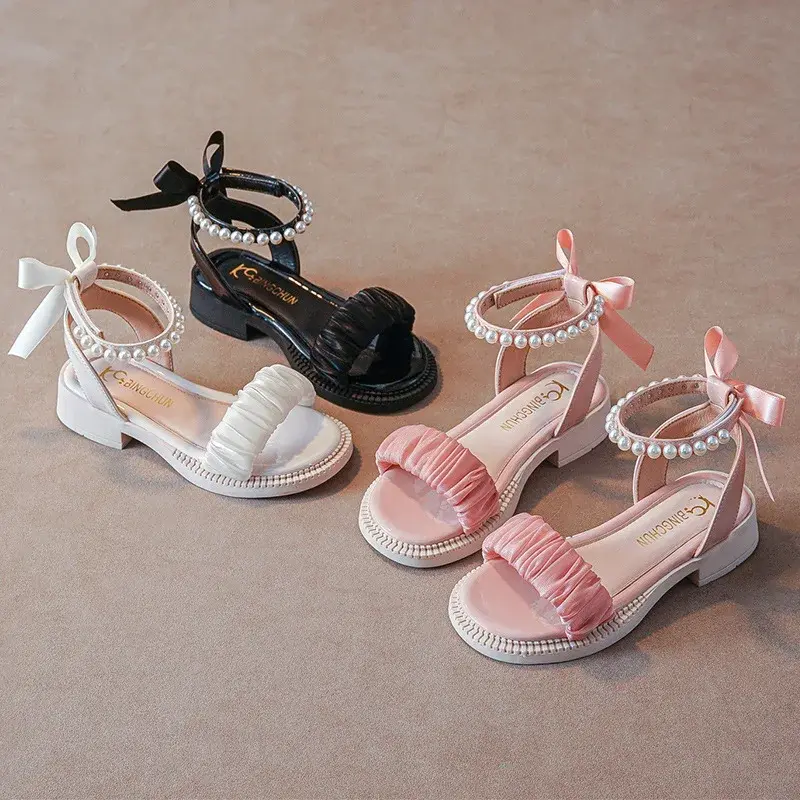Children's Sandals Summer Elegant Girl Princess Dress Bowtie Sandals Fashion Beading Ankle Strap Kids Causal Sweet Roman Sandals