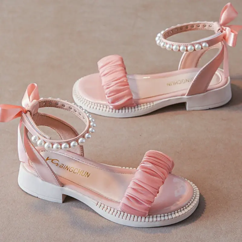 Children's Sandals Summer Elegant Girl Princess Dress Bowtie Sandals Fashion Beading Ankle Strap Kids Causal Sweet Roman Sandals