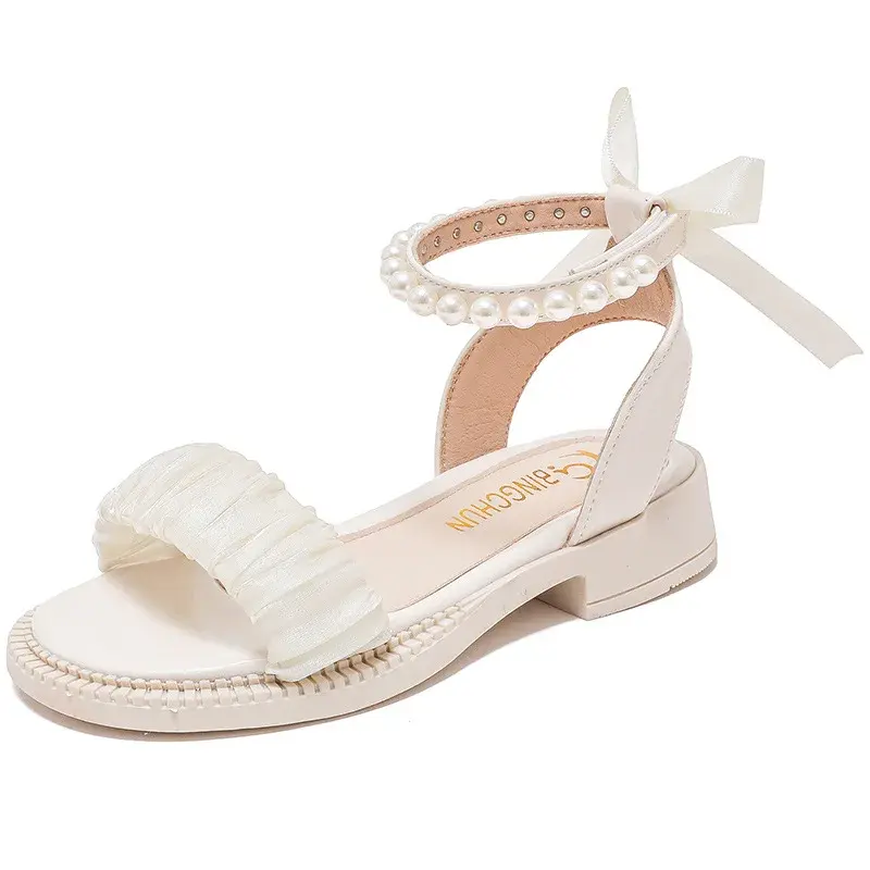 Children's Sandals Summer Elegant Girl Princess Dress Bowtie Sandals Fashion Beading Ankle Strap Kids Causal Sweet Roman Sandals