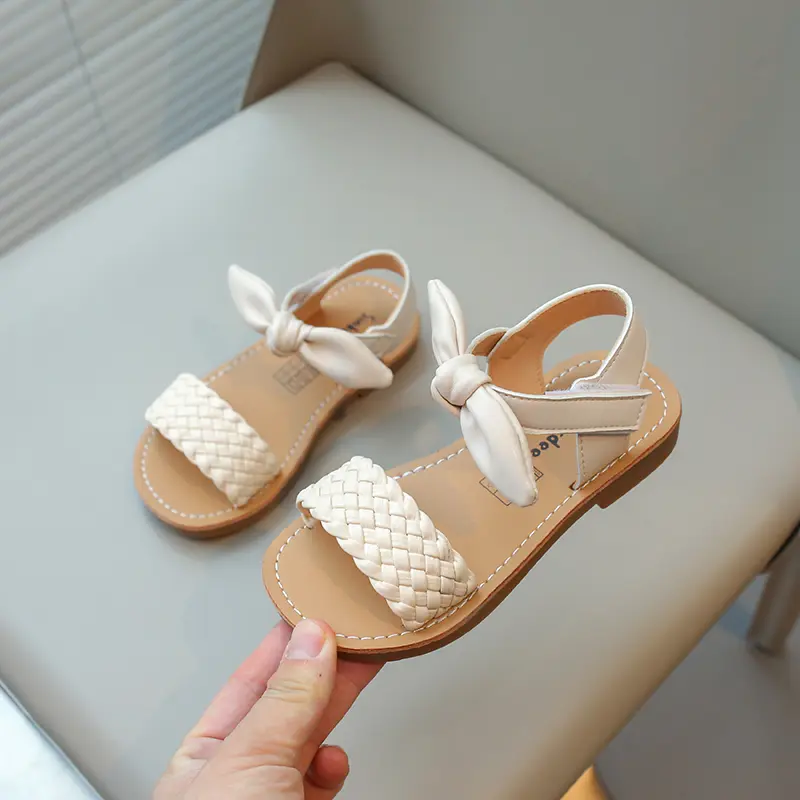 Girls Sandals Princess Sweet Classic with Bow-knot Woven Weave Style 2025 Summer Kids Beach Shoes Open Toes Anti-skid Soft 21-30