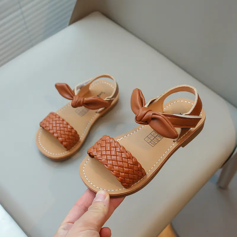 Girls Sandals Princess Sweet Classic with Bow-knot Woven Weave Style 2025 Summer Kids Beach Shoes Open Toes Anti-skid Soft 21-30