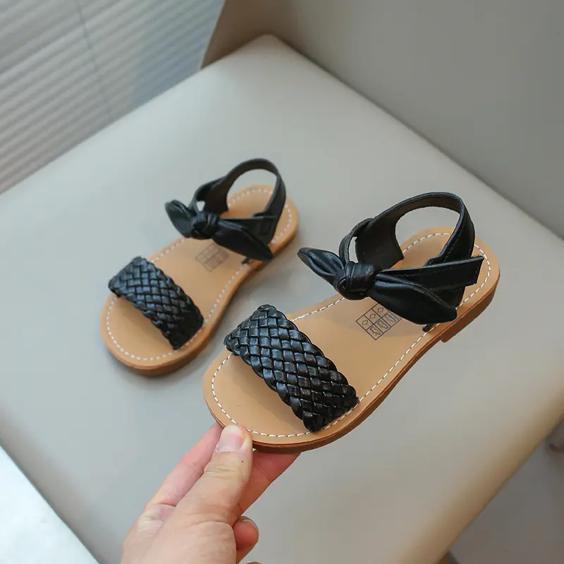 Girls Sandals Princess Sweet Classic with Bow-knot Woven Weave Style 2025 Summer Kids Beach Shoes Open Toes Anti-skid Soft 21-30