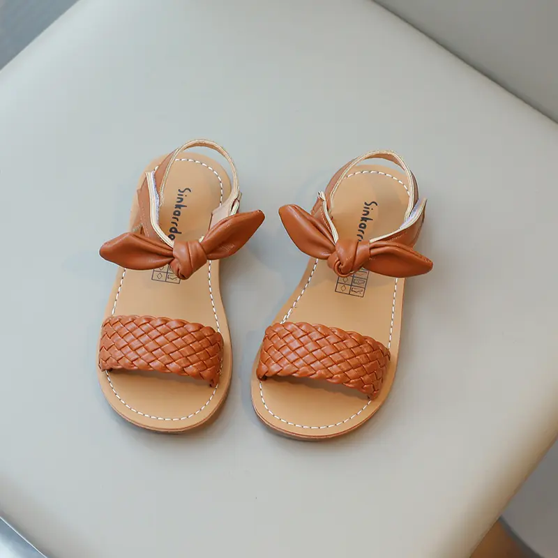 Girls Sandals Princess Sweet Classic with Bow-knot Woven Weave Style 2025 Summer Kids Beach Shoes Open Toes Anti-skid Soft 21-30