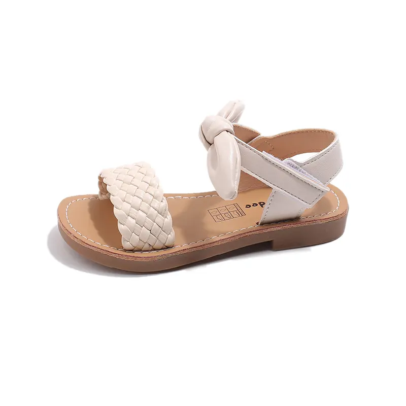 Girls Sandals Princess Sweet Classic with Bow-knot Woven Weave Style 2025 Summer Kids Beach Shoes Open Toes Anti-skid Soft 21-30