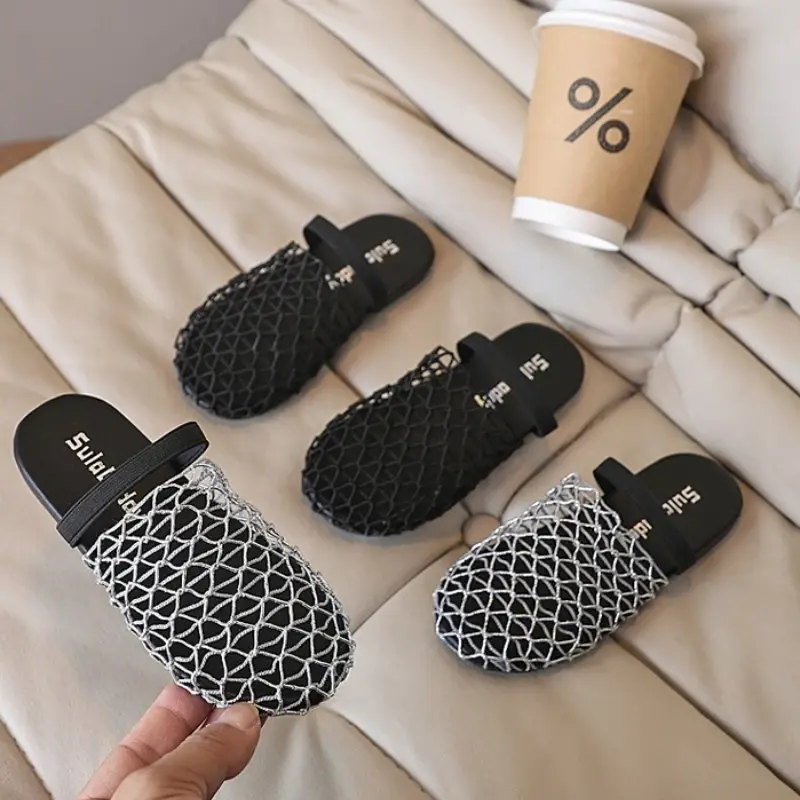 Summer Children's Slippers Trend Simple Girls Woven Mules Shoes Outdoor Versatile Kids Causal Mesh Flat Slippers Fashion Soft