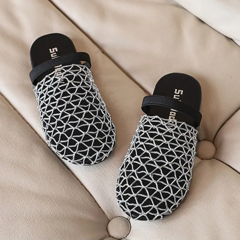 Summer Children's Slippers Trend Simple Girls Woven Mules Shoes Outdoor Versatile Kids Causal Mesh Flat Slippers Fashion Soft