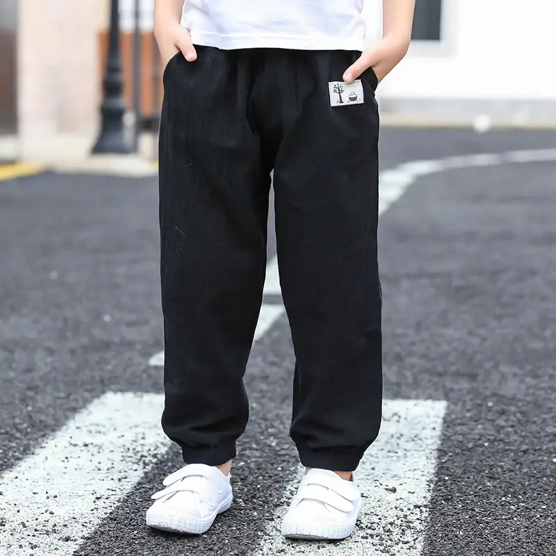 Children Trousers For Boys Girls Cotton Linen Elastic Waist Solid Color Summer Mosquito Pants Kids Clothing Long Pants 100-160cm