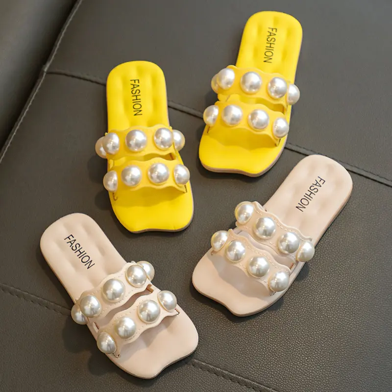 Girls Summer Slippers Family Matching Shoes Beach Shoes 2024 Brand New Children Slides with Pearls Beading Princess Mom-daughter