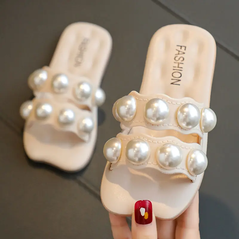 Girls Summer Slippers Family Matching Shoes Beach Shoes 2024 Brand New Children Slides with Pearls Beading Princess Mom-daughter
