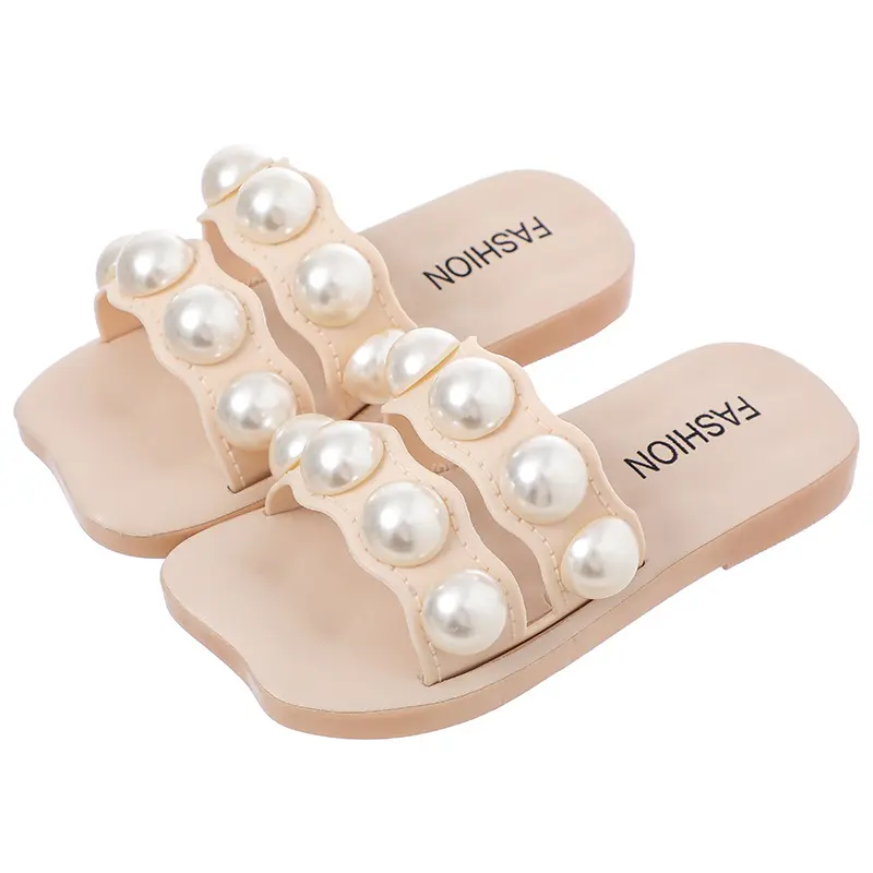 Girls Summer Slippers Family Matching Shoes Beach Shoes 2024 Brand New Children Slides with Pearls Beading Princess Mom-daughter