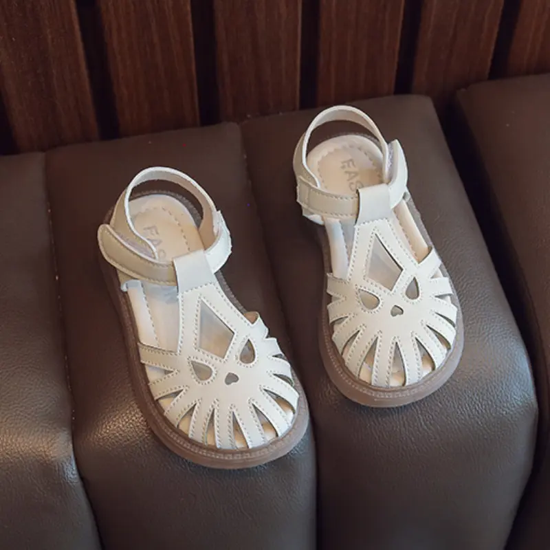 2024 Children's Sandals Summer Girls Princess Toe Wrapped Flat Sandals Fashion Solid Color Kids Causal Cut-outs Non-slip Sandals