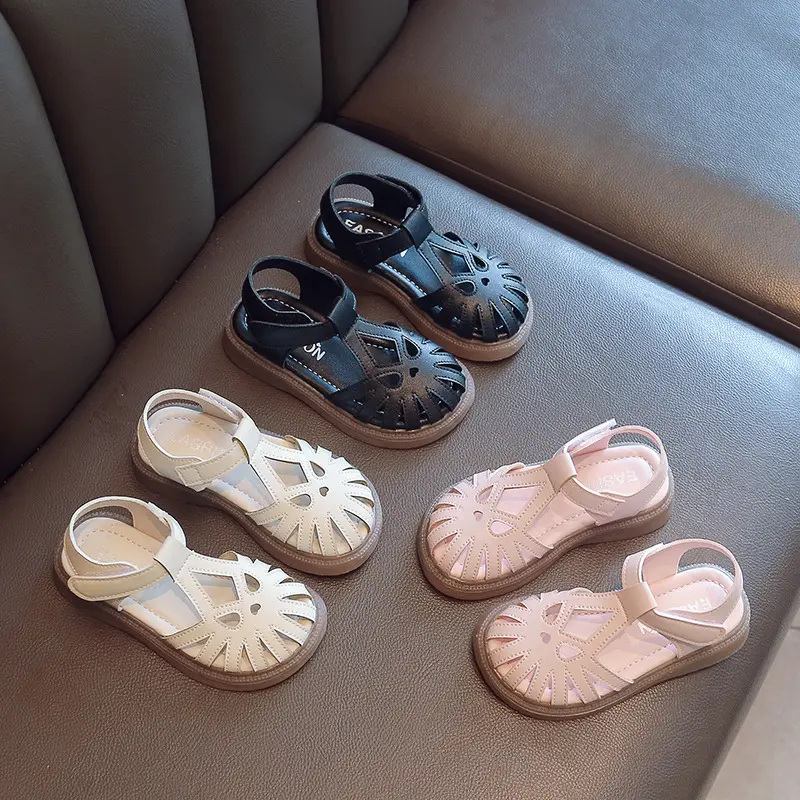 2024 Children's Sandals Summer Girls Princess Toe Wrapped Flat Sandals Fashion Solid Color Kids Causal Cut-outs Non-slip Sandals