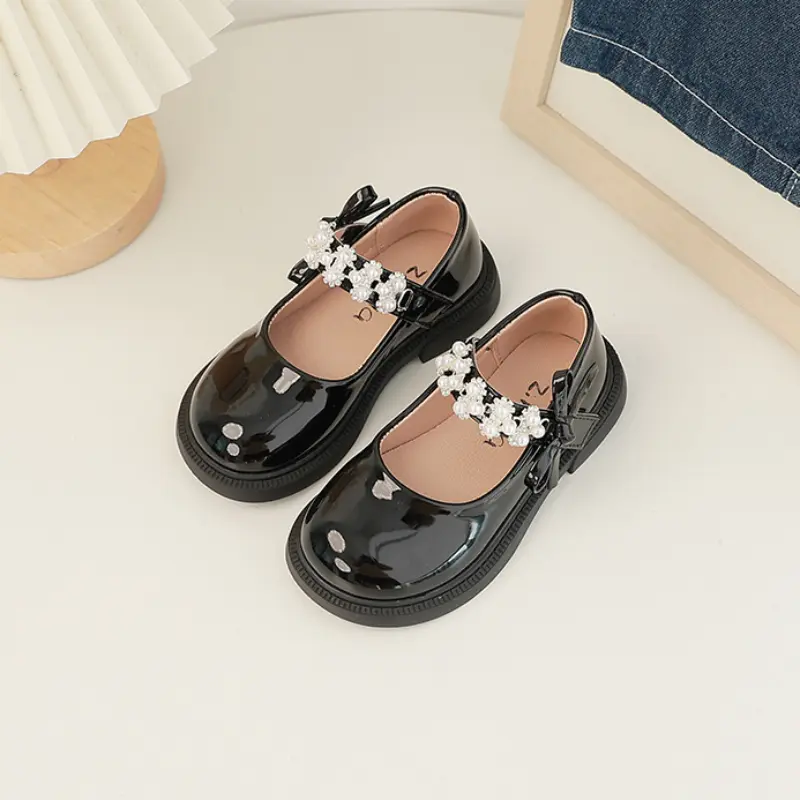 Children's Leather Shoes Glossy PU Black School Girl Shoes Fashion Sweet Kids Princess Soft Bottom Mary Jane Shoes Side Bowknot