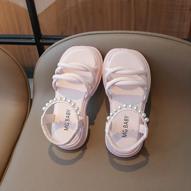 Girl Sandals Summer Children Princess Causal Pearl Beach Shoes Fashion Open-toe Kids Flat Sandals Solid Color Versatile Slip-on