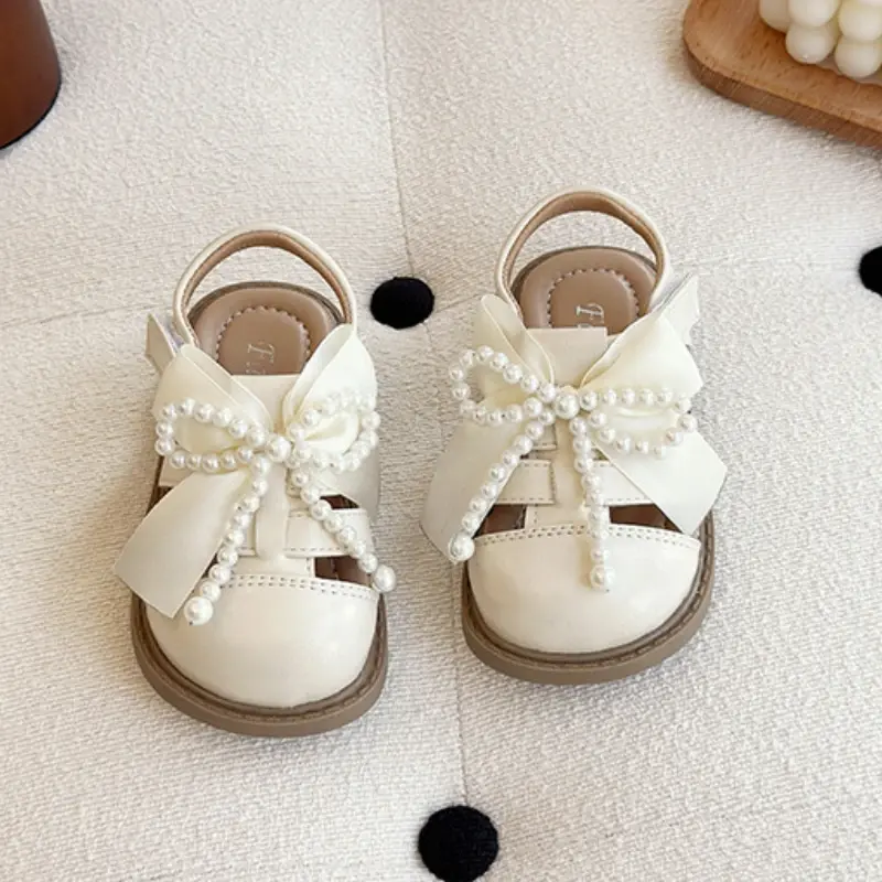2025 Children Sandals for Girls Summer New Fashion Korean Style Soft Bottom Anti-slippery Princess Beading Cut-outs Beach Shoes