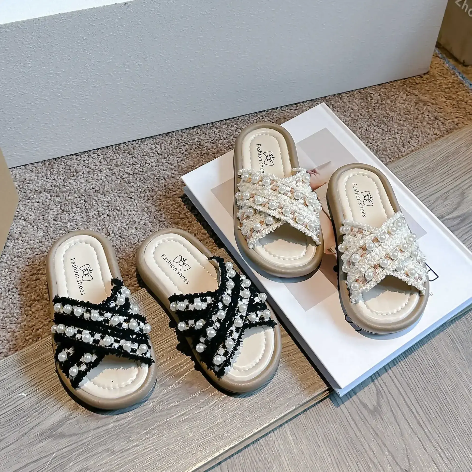Girls Sandals Outdoors Lace Open Toes 2025 Summer New Kids Slippers Pearls Sweet Girls Princess Shoes Ins Trendy Casual Chic
