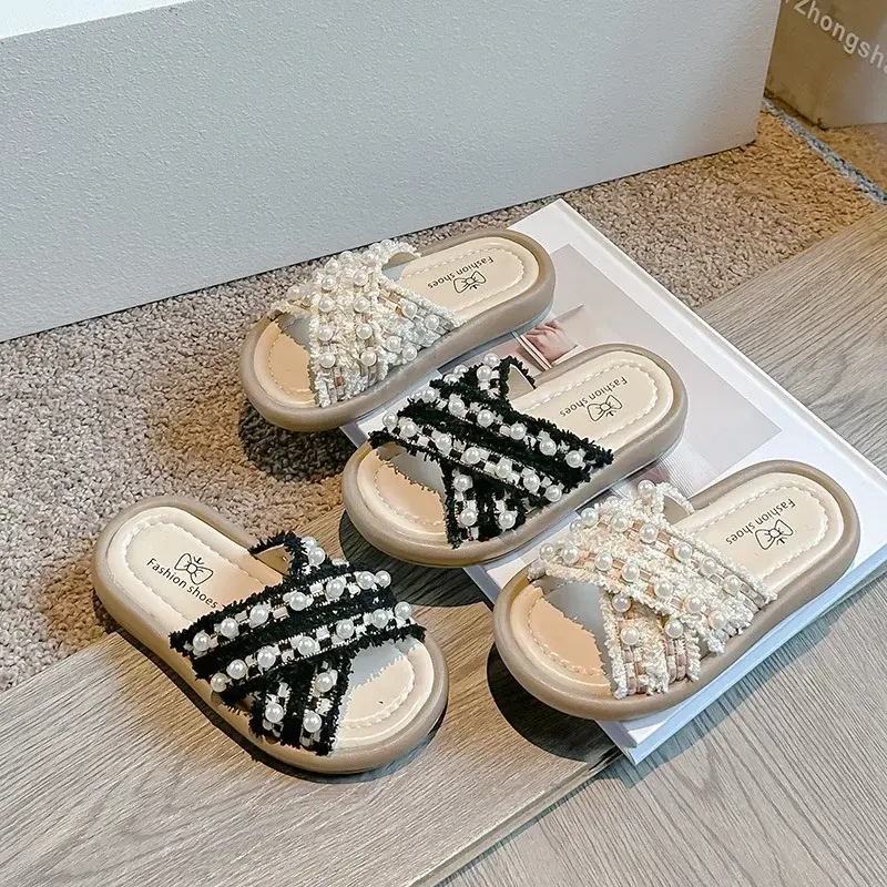 Girls Sandals Outdoors Lace Open Toes 2025 Summer New Kids Slippers Pearls Sweet Girls Princess Shoes Ins Trendy Casual Chic