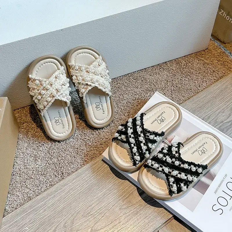 Girls Sandals Outdoors Lace Open Toes 2025 Summer New Kids Slippers Pearls Sweet Girls Princess Shoes Ins Trendy Casual Chic