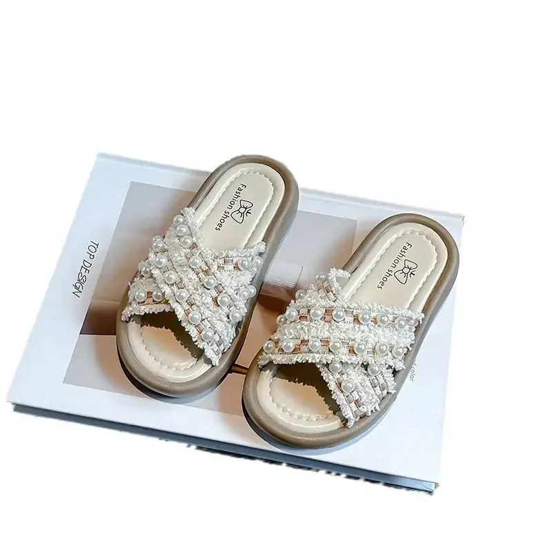 Girls Sandals Outdoors Lace Open Toes 2025 Summer New Kids Slippers Pearls Sweet Girls Princess Shoes Ins Trendy Casual Chic