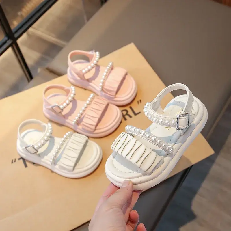 Girls Beach Shoes Pleated Ins Trendy Kids Princess Shoes Beads Sweet Soft Sole 2025 Summer New Children Sandals Open Toes Cute