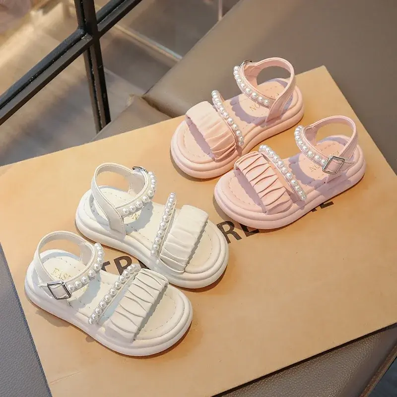 Girls Beach Shoes Pleated Ins Trendy Kids Princess Shoes Beads Sweet Soft Sole 2025 Summer New Children Sandals Open Toes Cute
