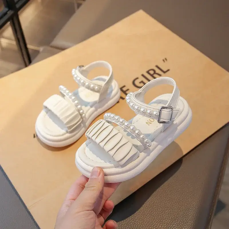 Girls Beach Shoes Pleated Ins Trendy Kids Princess Shoes Beads Sweet Soft Sole 2025 Summer New Children Sandals Open Toes Cute