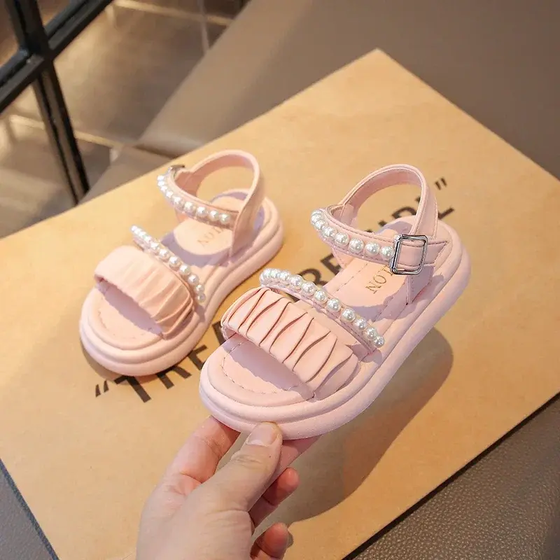 Girls Beach Shoes Pleated Ins Trendy Kids Princess Shoes Beads Sweet Soft Sole 2025 Summer New Children Sandals Open Toes Cute