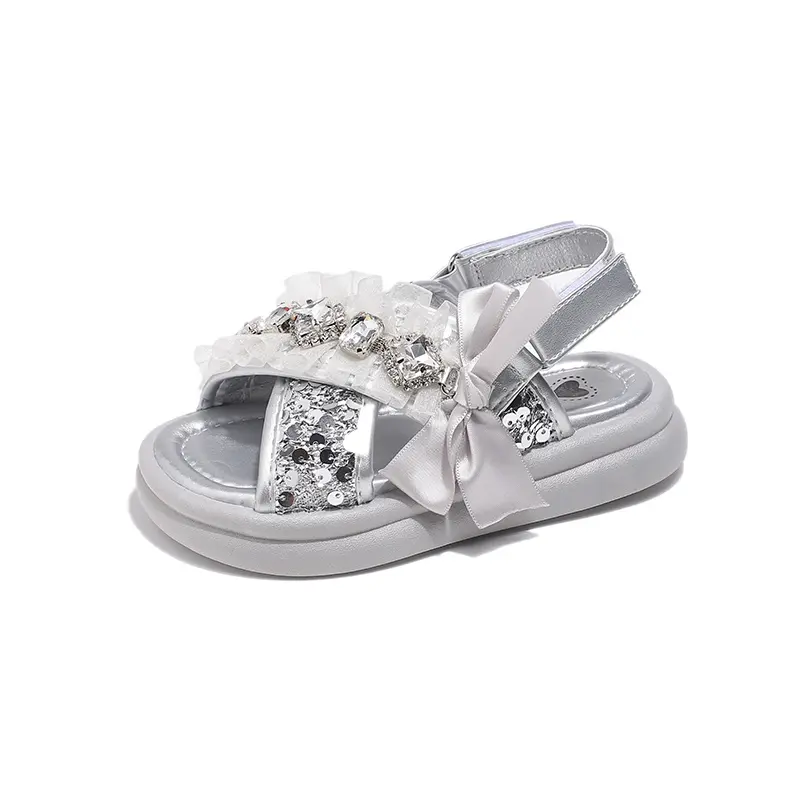 2025 New Girls Princess Sandals Summer Luxury Rhinestone Children Causal Shoes Chic Lace Kids Beach Sandals Open-toe Thick Soled